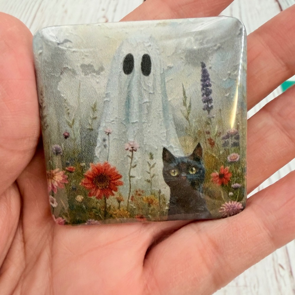 Handmade Ghost and Black Cat Wildflower Field Square Magnet 2x2 Halloween Decor